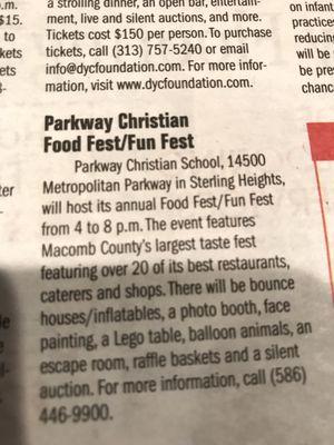 The Food and Fun Fest is today, 5/3 4pm-8pm. Featuring over 20 restaurants, caterers and shops.