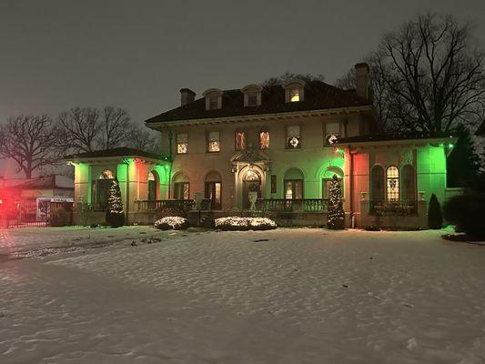 The main house all lit up for the holiday