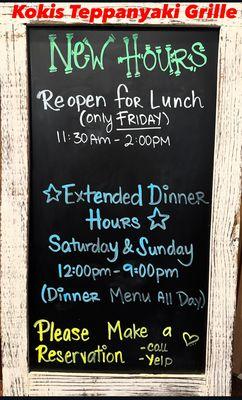 NEW HOURS
*Reopen for lunch (only Friday)* 11:30 am- 2:00 pm
**Extended dinner hours** SATURDAY & SUNDAY 12:00 pm- 9:00 pm (Dinner menu)