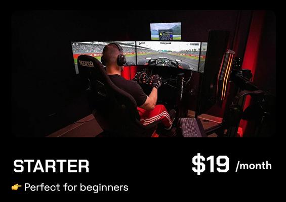STARTER -- $19/month
Your first step into SimRacing.
Weekday access, club iRacing account, unlimited practice sessions.