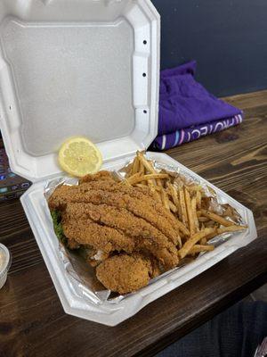 Fish and chips - massive helping. Swai fish is a bit like catfish. Mild and flaky.