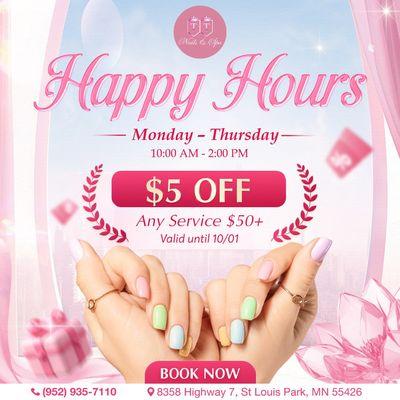 HAPPY HOURS
Monday - Thursday | 10:00 AM - 02:00 PM
$5 OFF any service $50+
Valid until 09/01
Escape your busy day with a rela