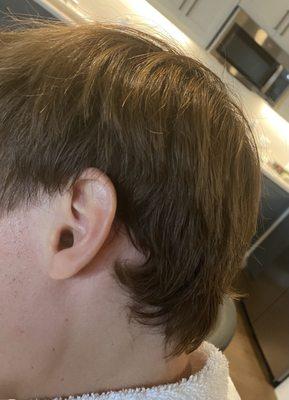 Uneven cut with a mullet in back.