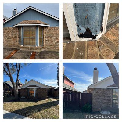 Replaced damaged siding. Painted the chimney and the house's front top