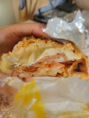 Cross-section of the Morning Mozz with prosciutto.