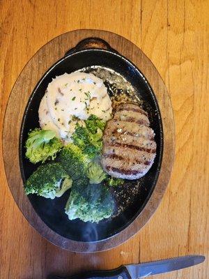 $25 2 meals - 6 oz sirloin steak with mashed potatoes and broccoli.