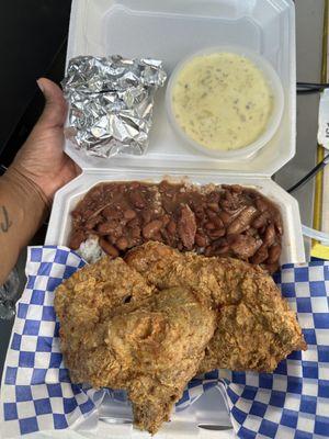 Fried pork chops, red beans & rice, potato salad, cornbread