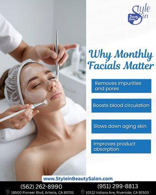 Why Monthly Facials Matter!
Your skin deserves more than a daily routine -- facials go deeper to remove impurities, boost blood circulation