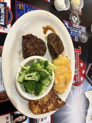 Filets, twice baked potatoes, steamed broccoli