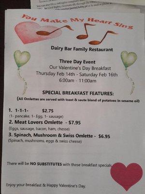 Breakfast specials, come on in and start guy our day.