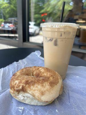 Cinnamon sugar bagel with iced coffee