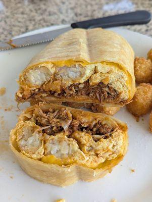 Chili-changa Burrito with tater tots with Bartholomew's beef chili