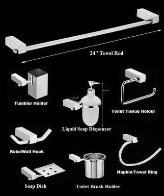 Bathroom Accessories, including towel rod, toothbrush holder, tumbler holder, towel ring, tissue holder, liquid soap dispenser,