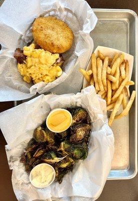 The Walking Ched ($9), Fried Brussels Sprouts ($8.25), fries ($2)