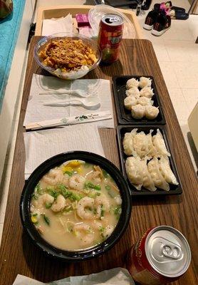 Tonkotsu ramen with shrimp, shrimp gyoza, shrimp shumai, chicken and shrimp poke' bowl, can strawberry guava drinks.