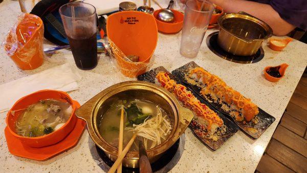 Hot pot with sushi selection