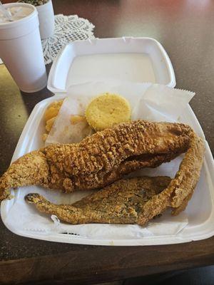 Fish, Mac and cheese, rice and cornbread