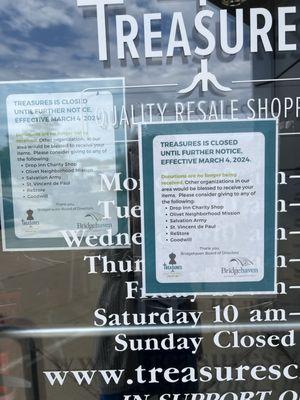 Treasures has been closed since the beginning of March 2024 and as of August 12, 2024 still no word as to when they will reopen.