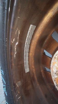 1st gouge and obvious rubbing on the wheel weights. The ledge closest to the hub is the only safe place to attach weights!