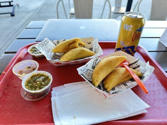 Empanas, Chicken and Beef with Colombian hot sauce called "aji"