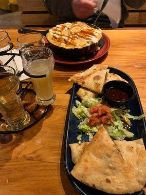 Loaded Mac, Birria Quesadilla, and beer flight