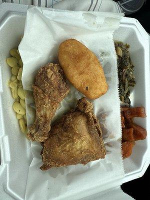 Fried Chicken yams, collard greens and lima beans