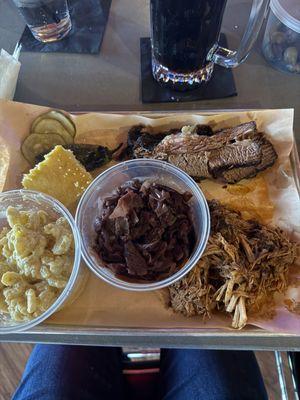 2 meat plate- brisket pulled pork, Mac, braised red cabbage