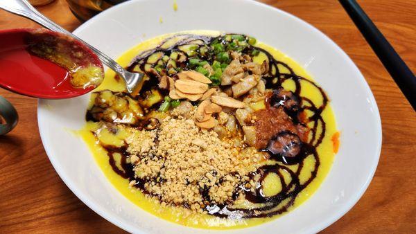 Chickpea puree tofu rice noodles, fried shallots were a great touch for diversifying texture.