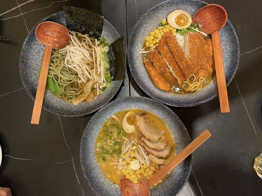 Veggie Shoyu Ramen, Chicken Katsu Curry Ramen, Miso Ramen with Pork Cha Shu