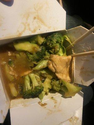 Chicken and broccoli. Already started eating, photo taken in car