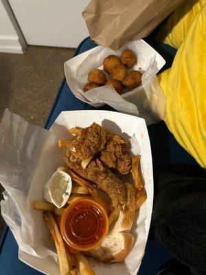 Chicken Tender, hush puppies, fries