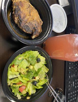 Steak and salad with fruit and blueberry lemonade