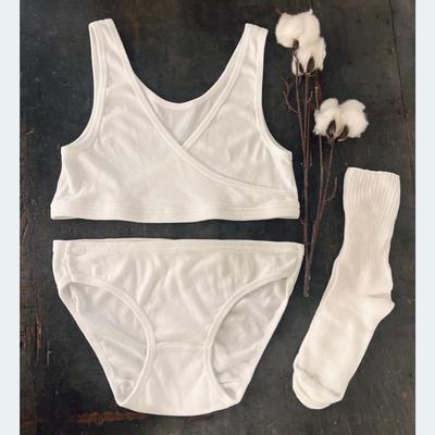 100% Cotton, Crossover Bra, Betty Briefs & thick socks.