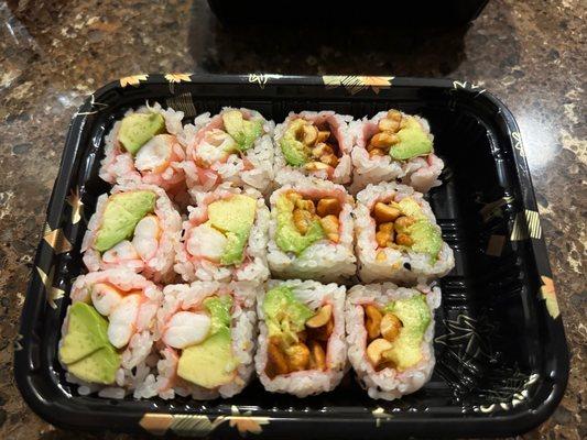 Left: Shrimp Avocado Roll Right: Peanut Avocado Roll