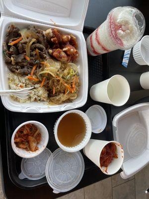 plate with fried rice, japchae, bulgogi, and marinated KFC. Complimentary sides of kimchi and fish cake soup. Side of tteokboki. Bingsoo