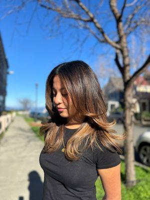Full balayage and blowout. No toner, natural lift.