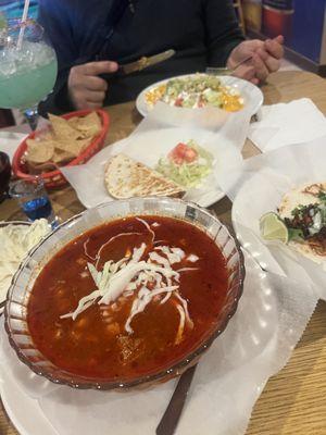 Posole, al pastor quesadilla, taco, and burrito