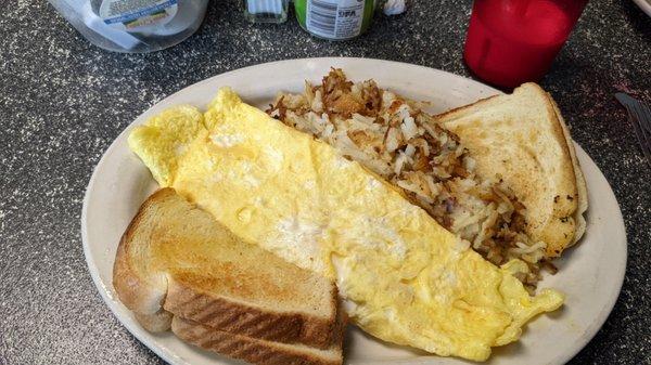 Cheese omlette, hash browns, toast