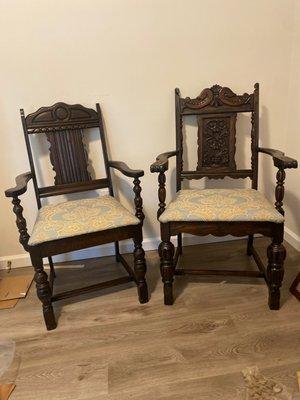 Refinished a kings and Queen chair. Kings chair had a broken arm that was repaired