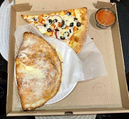 Meat Lover's Calzone and Buffalo Chicken Slice with Extra Toppings