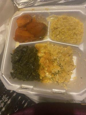 Yams, fresh off the cob cream style corn, greens and Mac n cheese! So delicious!!!