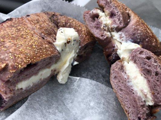 Blueberry bagel with plain cream cheese shmear