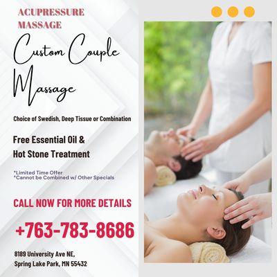 Acupressure Massage
8189 University Ave NE, Spring Lake Park, MN 55432
Call us at 763-783-8686