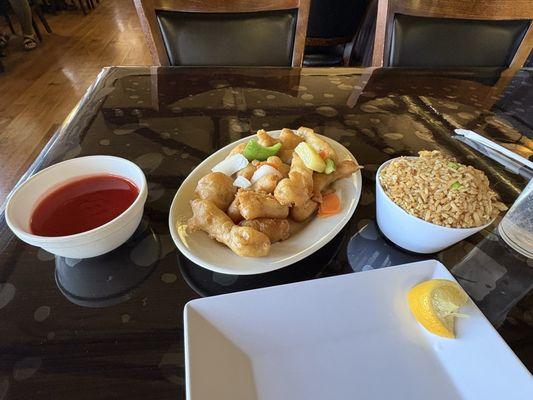 Sweet sauce, sweet-and-sour chicken, entrée, and fried rice - lunch portions