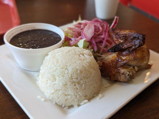1/4 chicken, white rice + beans & salad