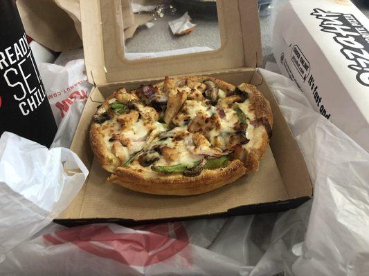 chicken supreme personal pizza with breadsticks and a drink (i got fruit punch)