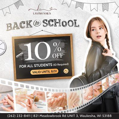 BACK TO SCHOOL NAIL TREAT
10% OFF for all students (ID Required)
Valid until August 31, 2025