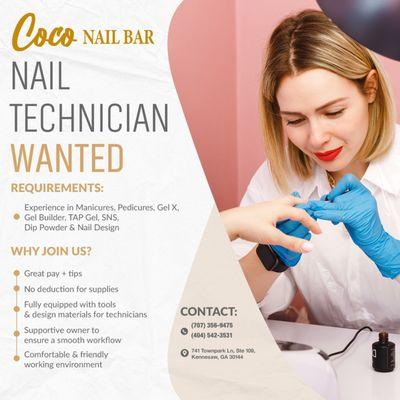 NAIL TECHNICIANS WANTED!
Coco Nail Bar Salon is looking for talented and passionate nail techs to join our team!
1 Requirements: