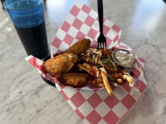 Traditional wings meal, Cajun Fire flavor, and loaded fries with a Diet Pepsi to drink.