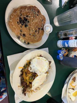 Idaho breakfast bowl and blueberry pancake with lemon curd.